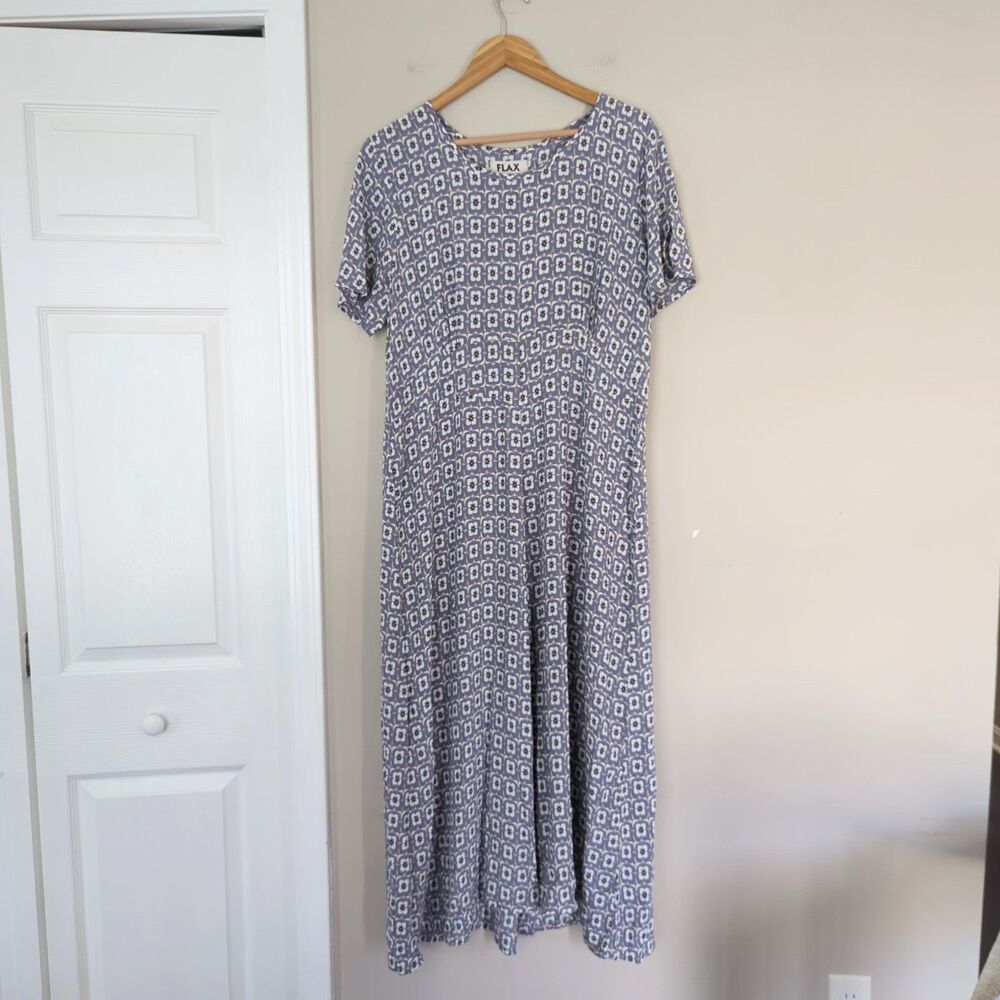 Flax Blue Geometric Patterned Short Sleeve 100% Rayon Maxi Dress Medium Slouchy
